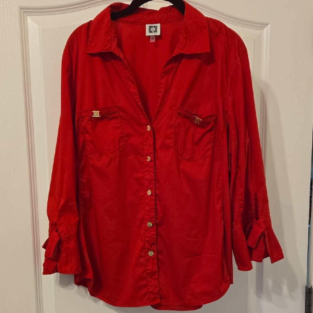 Anne Klein Vibrant Red 3/4 Sleeve Button Down Top Size XL